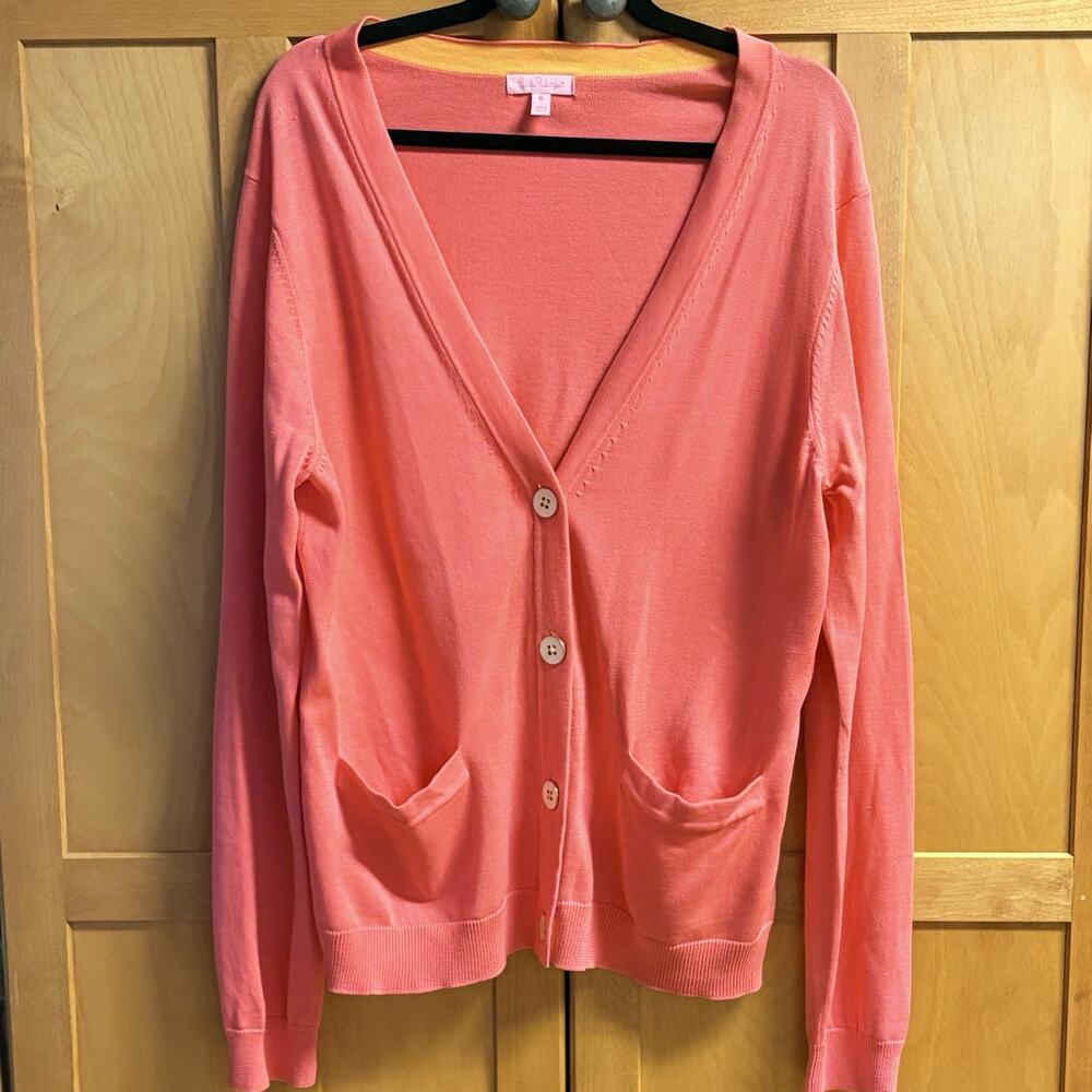 Lilly Pulitzer Sweater XL Womens Salmon Button Up Pockets Long Sleeve